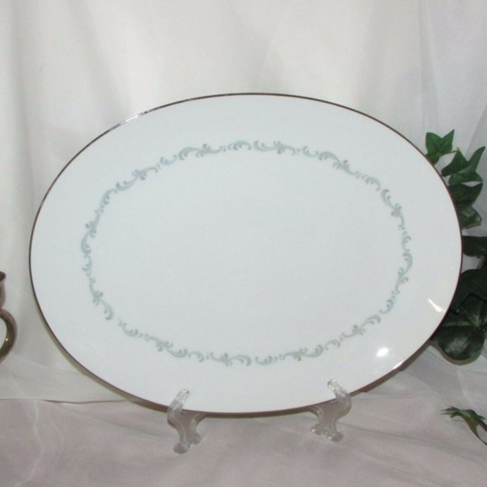 Sango Fine China ARABESQUE Large Oval Serving Platter Platinum Rim Japan Vintage